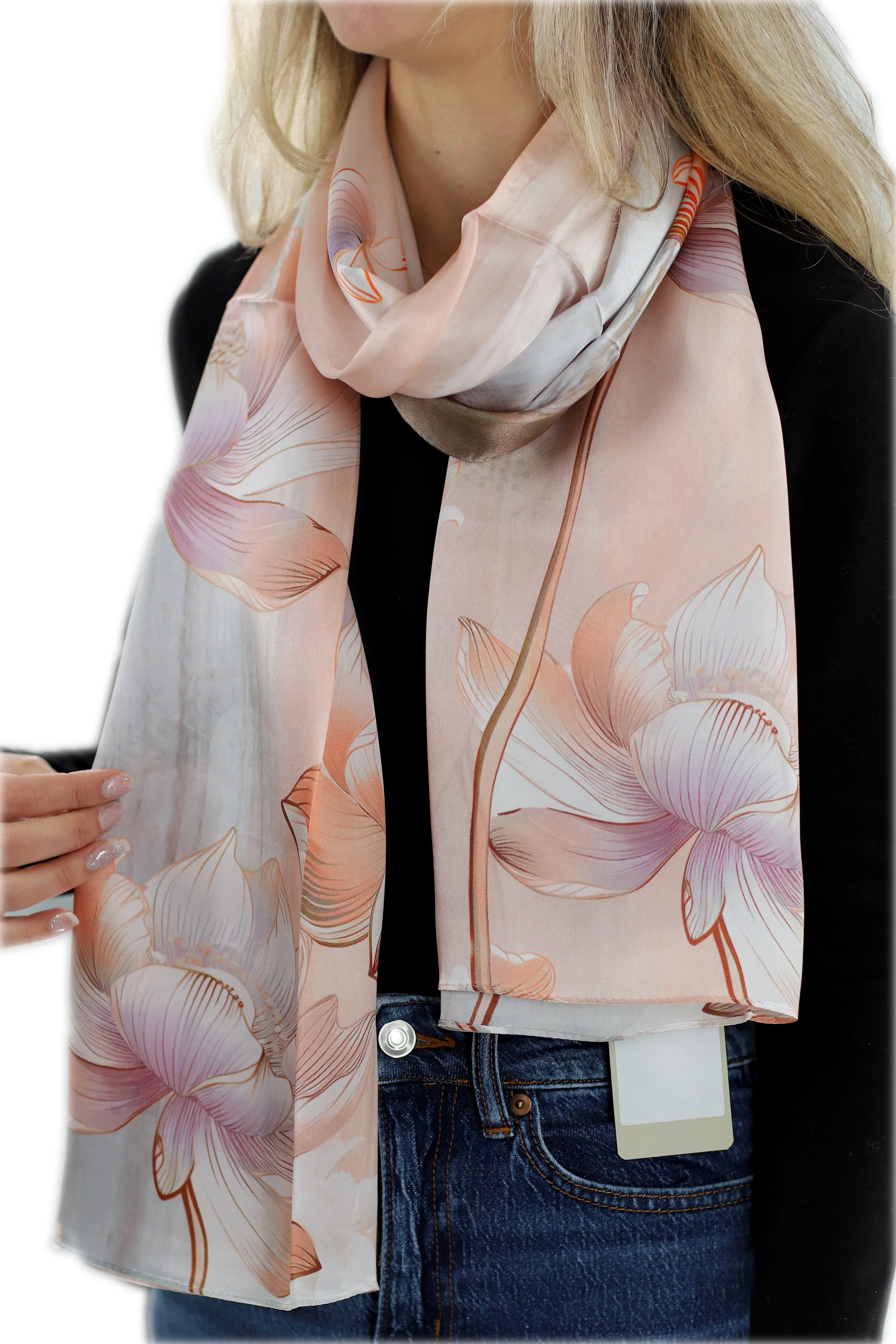 100% Silk Floral Print Scarf - Beige - (One Size 68x21.2in)