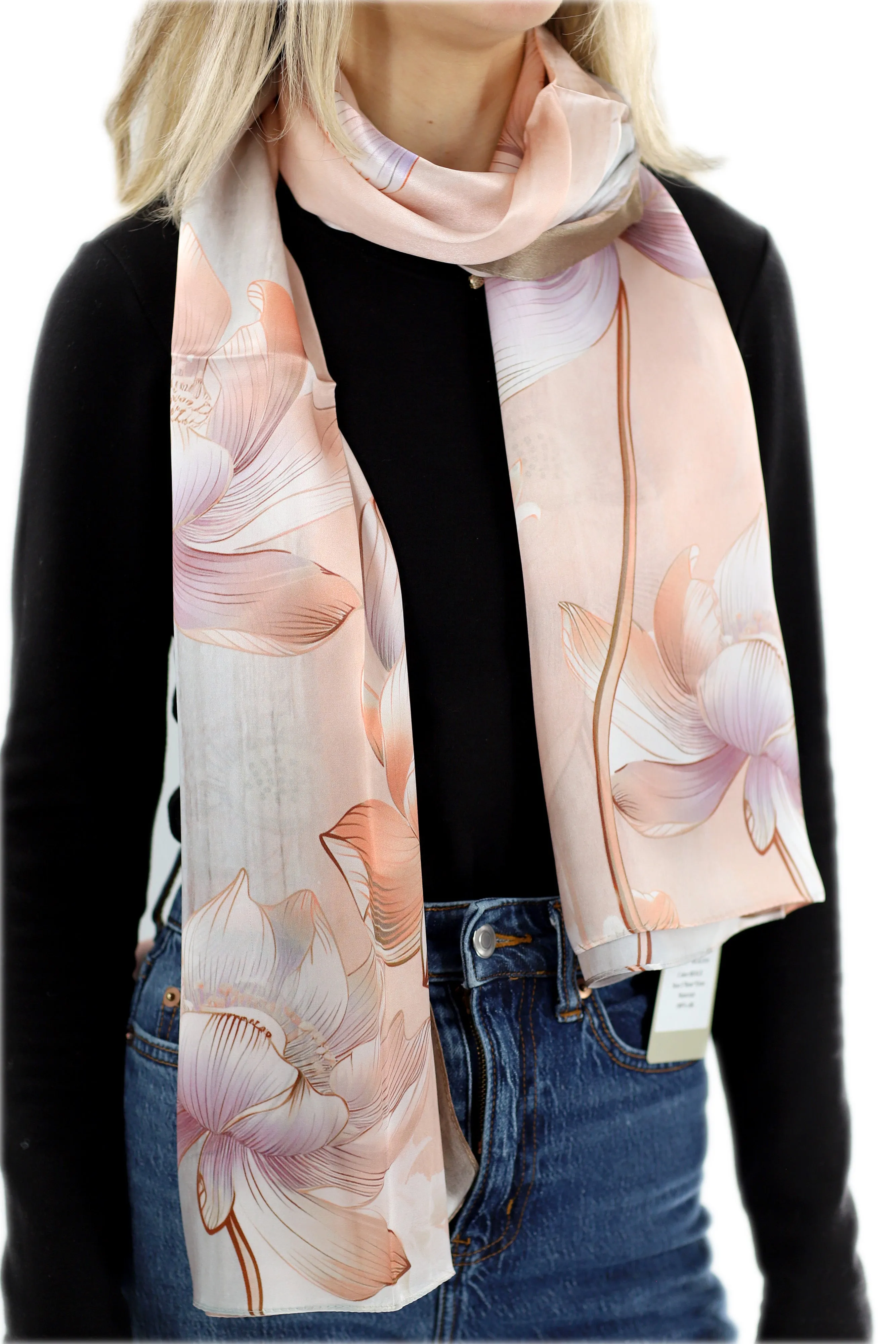 100% Silk Floral Print Scarf - Beige - (One Size 68x21.2in)