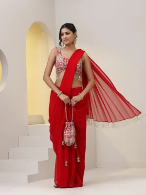 2 pc SET - All Fired Up Georgette Red Skirt Saree With Embroidered Blouse with Lace Edges