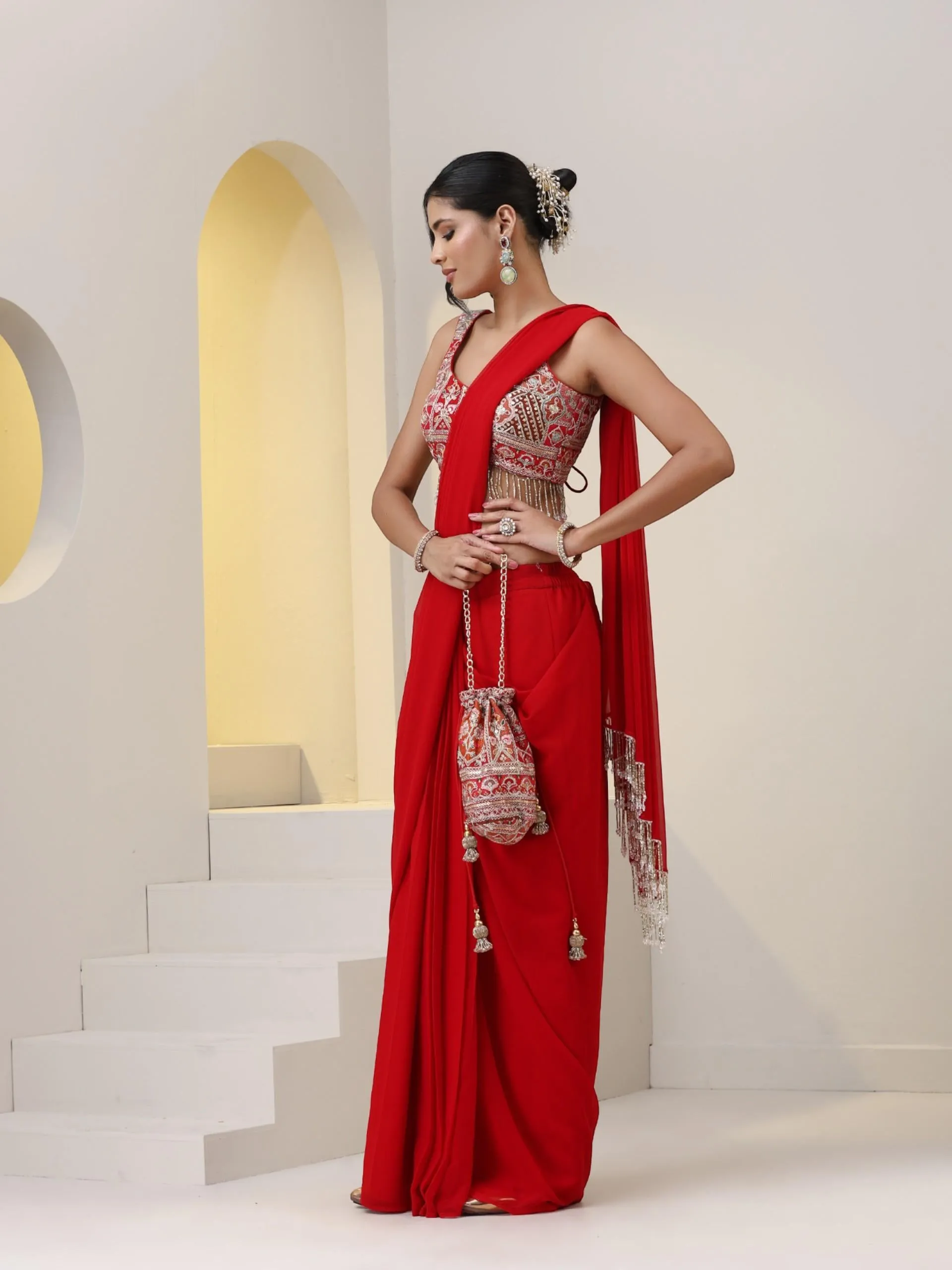 2 pc SET - All Fired Up Georgette Red Skirt Saree With Embroidered Blouse with Lace Edges