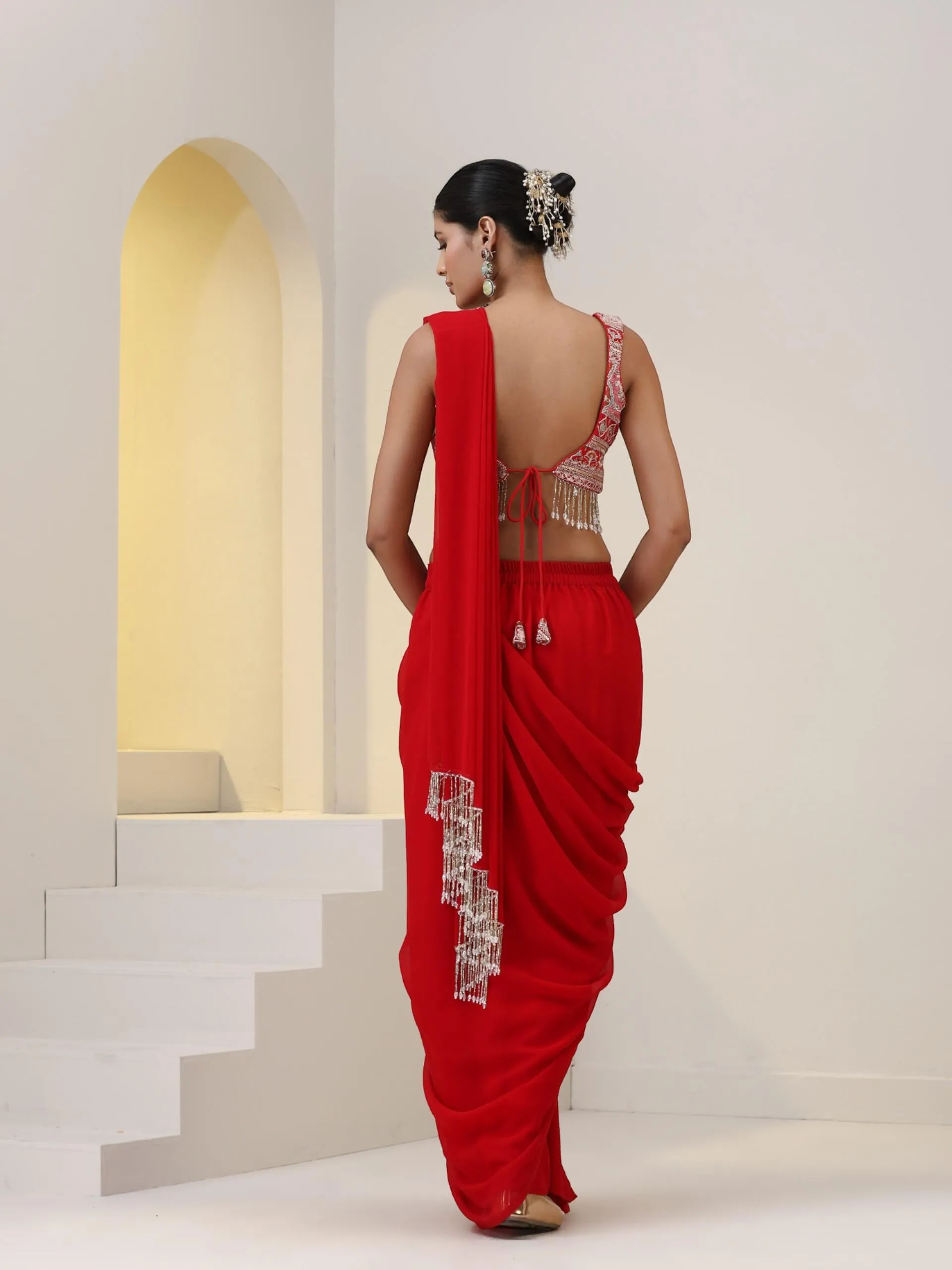 2 pc SET - All Fired Up Georgette Red Skirt Saree With Embroidered Blouse with Lace Edges