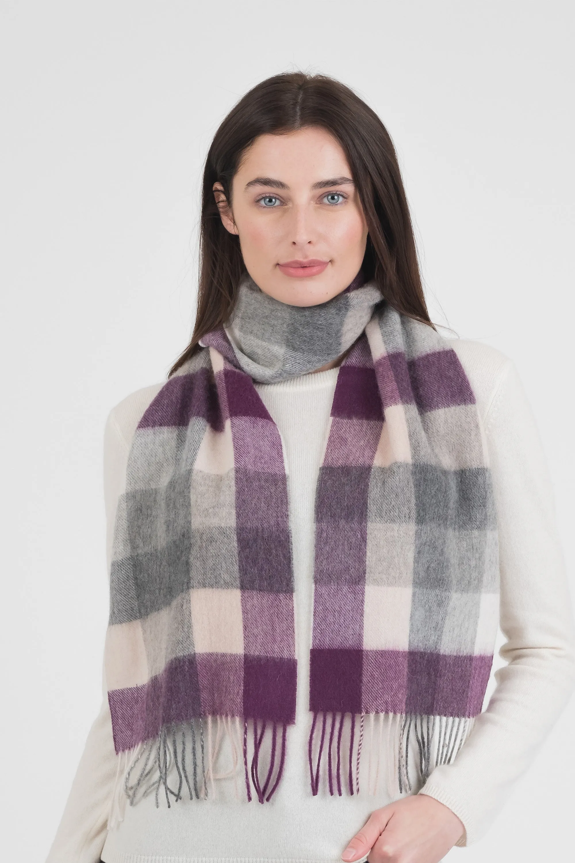 5 Square Check Lambswool Scarf - Purple Grey