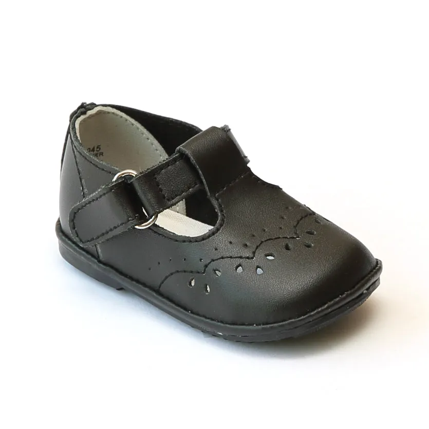 Angel Baby Girls Black Leather T-Strap Mary Janes