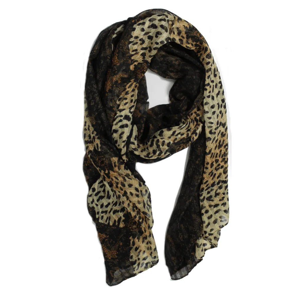 Animal Print Scarf Lace Trim - Brown