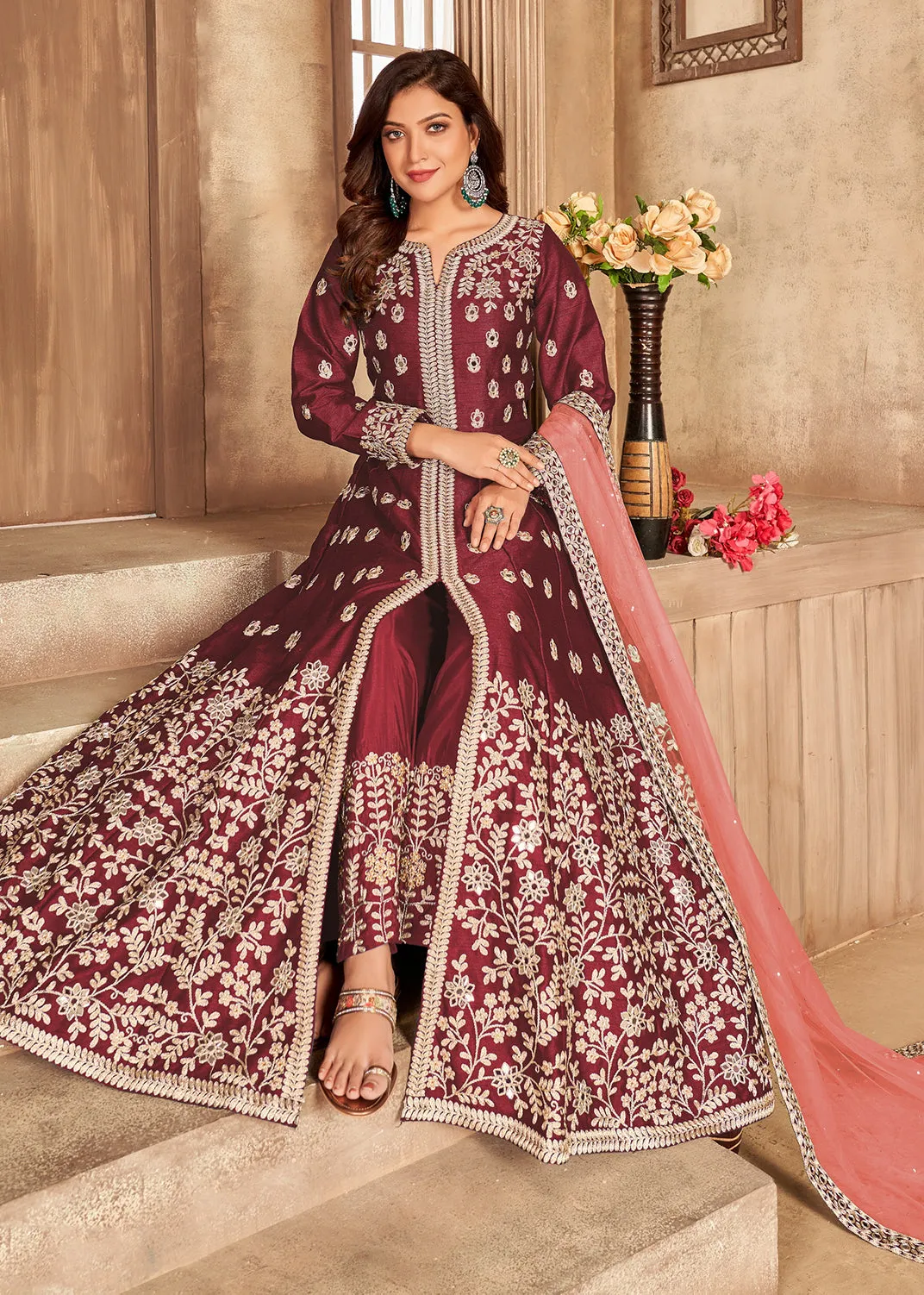 Art Silk Maroon Front Slit Designer Anarkali Suit