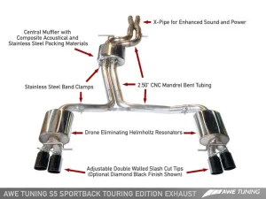 AWE Tuning B8 / B8.5 S5 Sportback Touring Edition Exhaust - Non-Resonated - Chrome Silver Tips