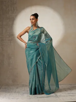 Blue Gold Soft Organza Saree with Blouse Fabric and Lace