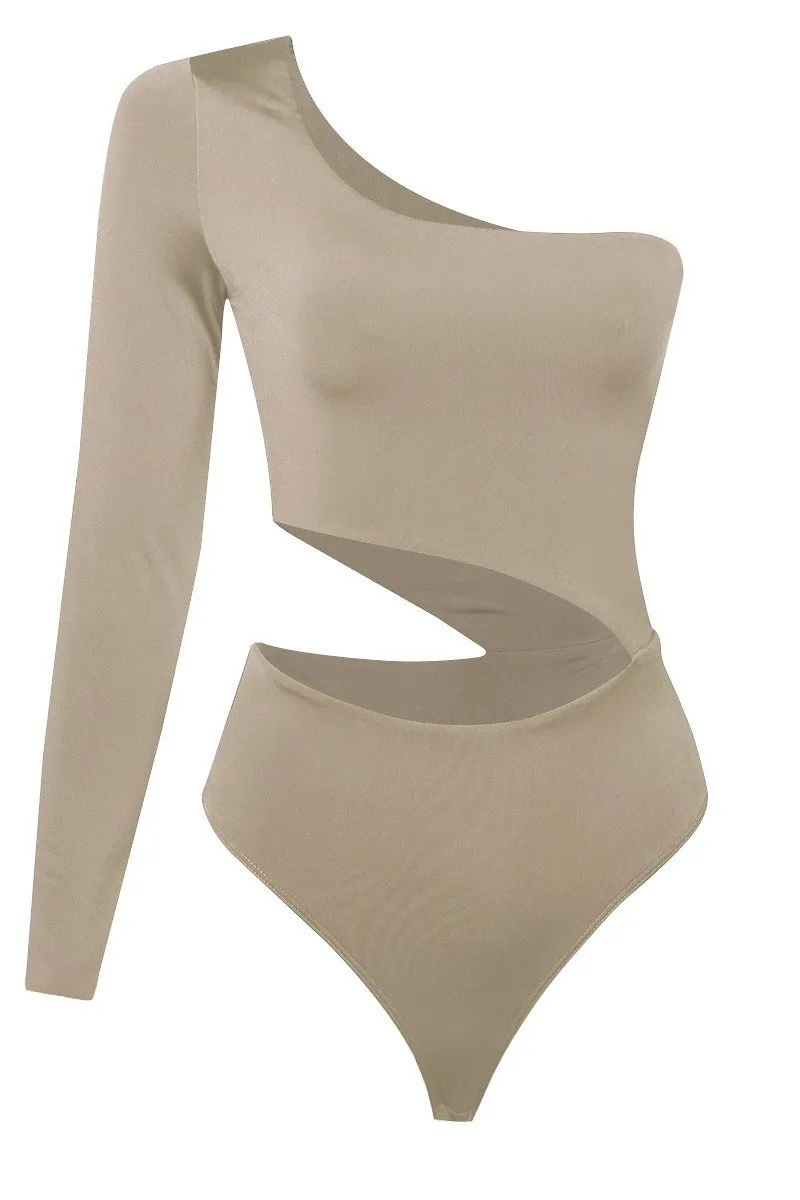 Catty Cutout-Side One Shoulder Khaki Bodysuit