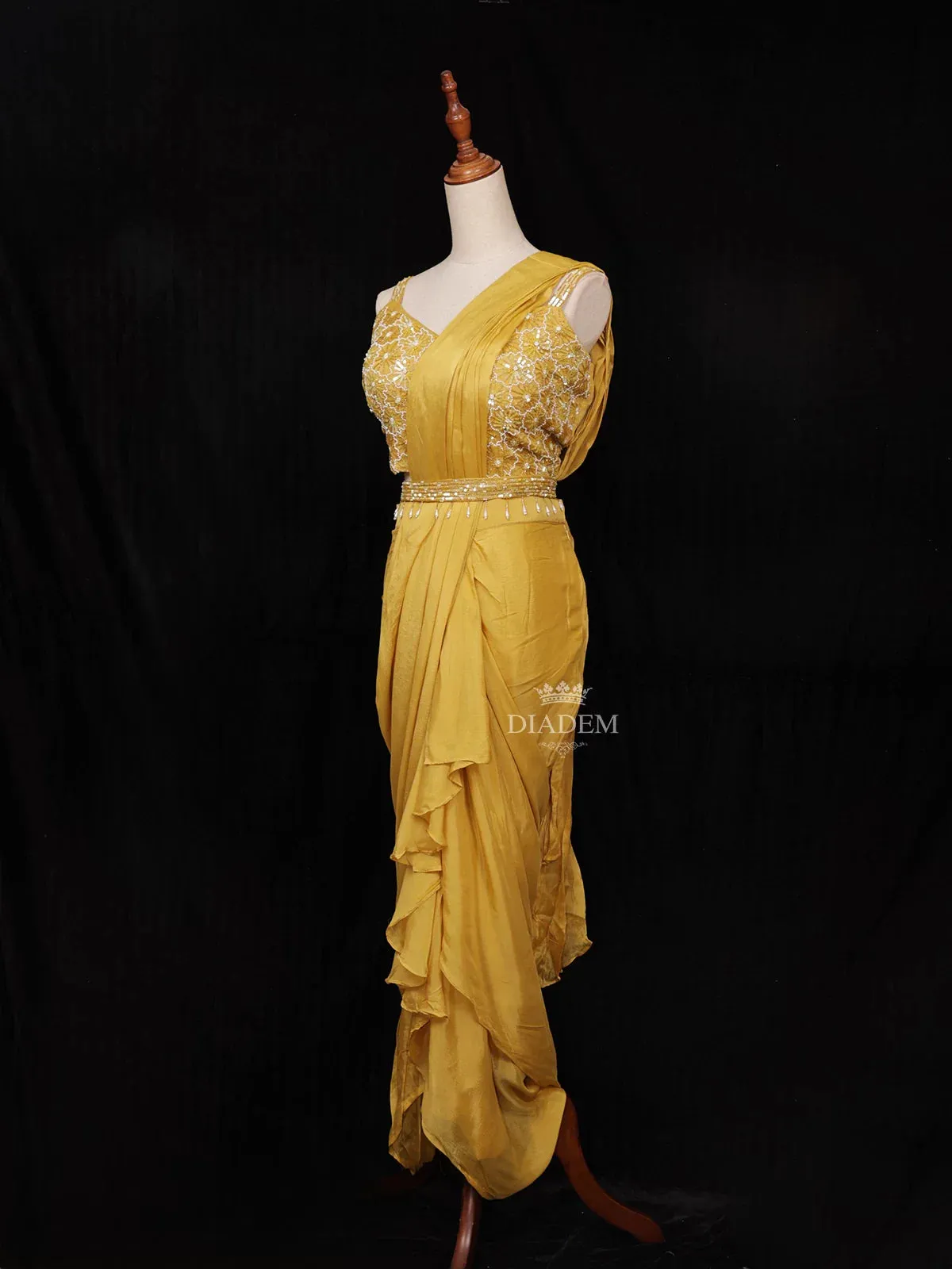 Chrome Yellow Chiffon Ready to Wear Saree with Plain Body Paired with Designer Blouse and Waist Belt