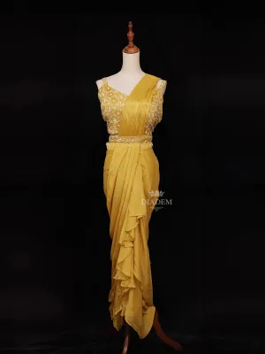 Chrome Yellow Chiffon Ready to Wear Saree with Plain Body Paired with Designer Blouse and Waist Belt