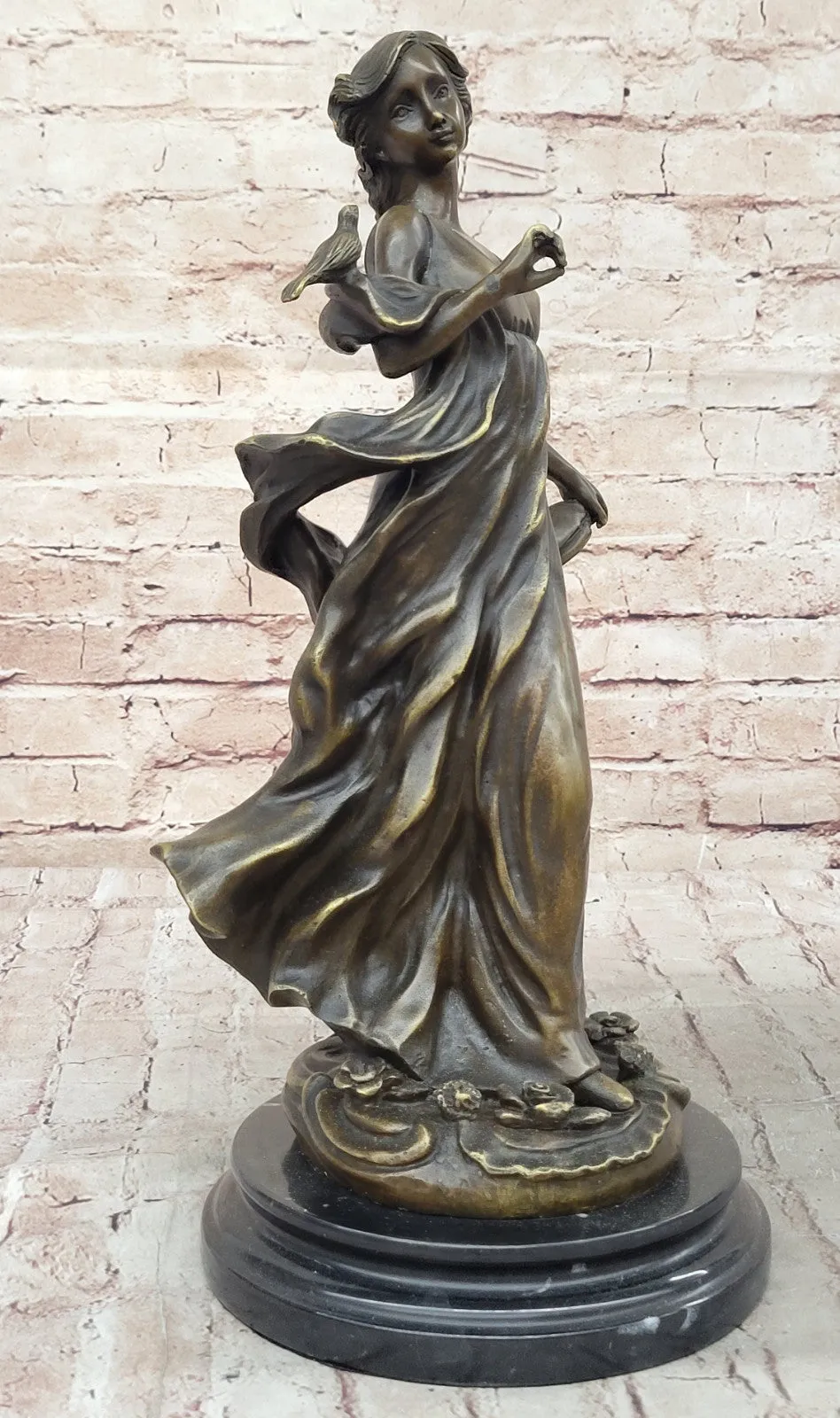 Collectible Bronze Statue of Woman Holding Bird, Art Nouveau Style, Signed Moreau