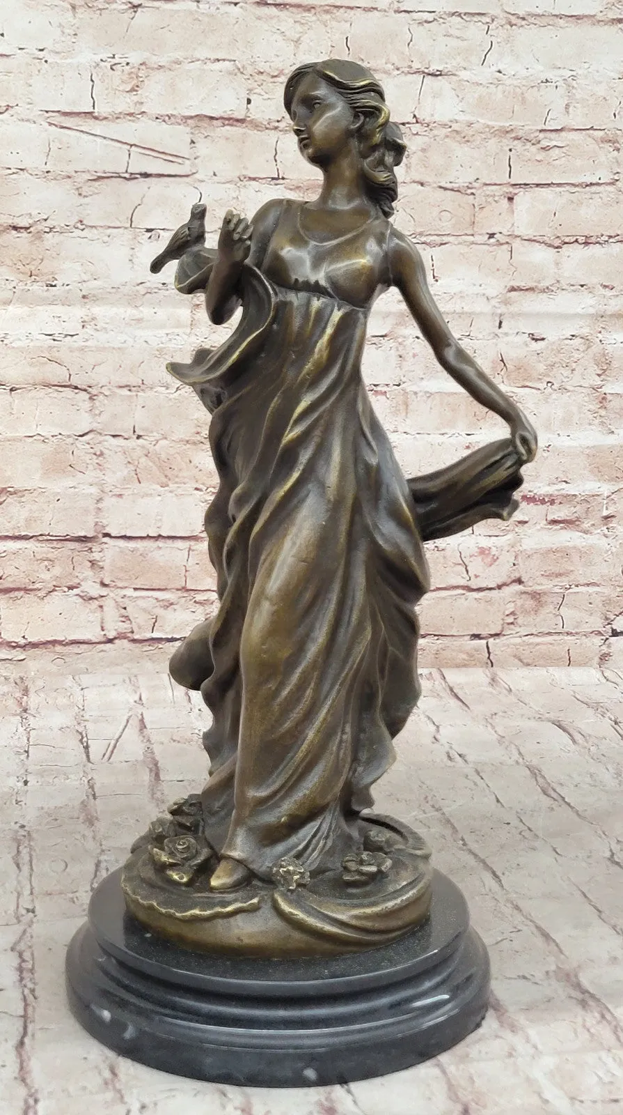 Collectible Bronze Statue of Woman Holding Bird, Art Nouveau Style, Signed Moreau