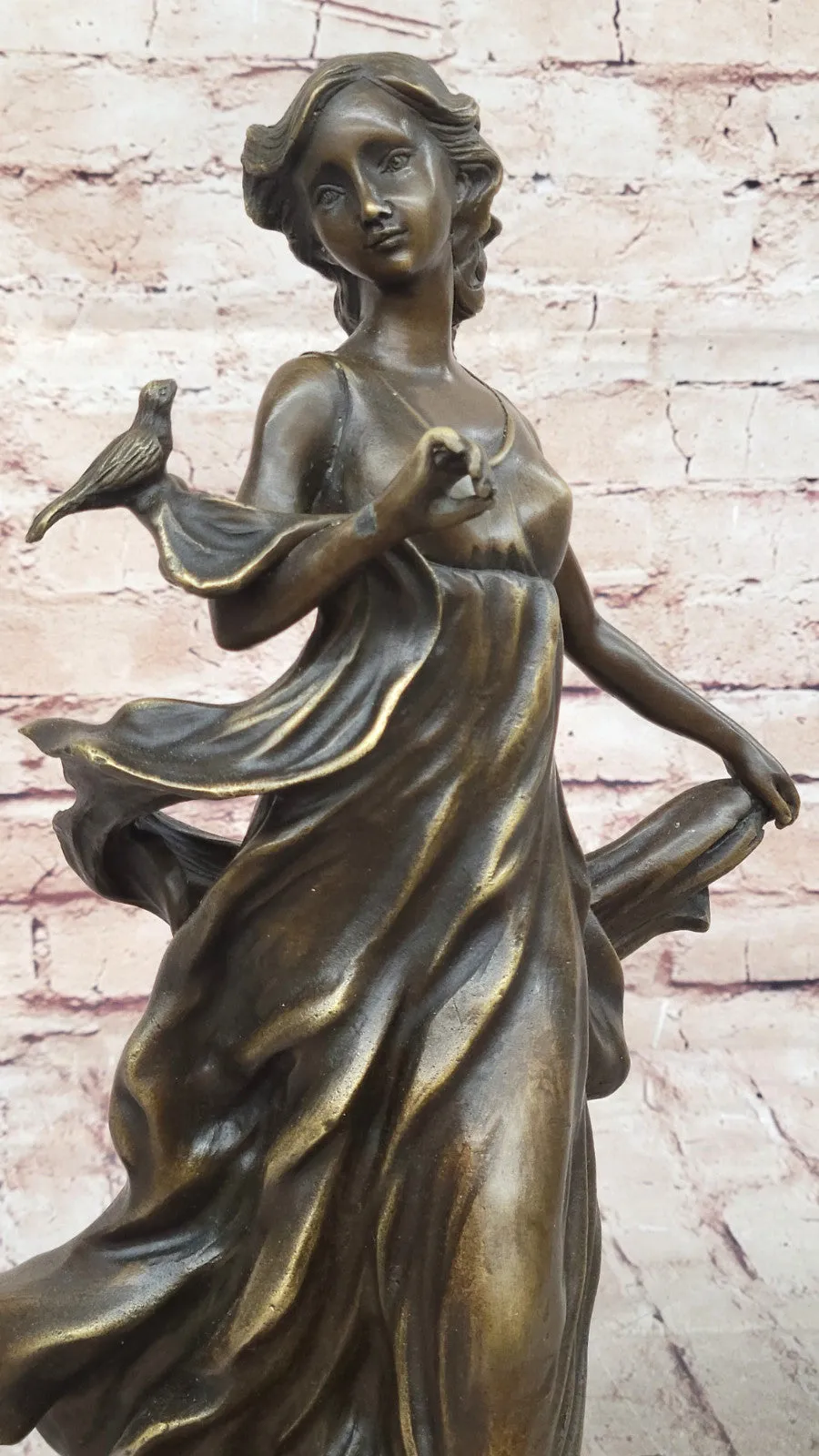 Collectible Bronze Statue of Woman Holding Bird, Art Nouveau Style, Signed Moreau