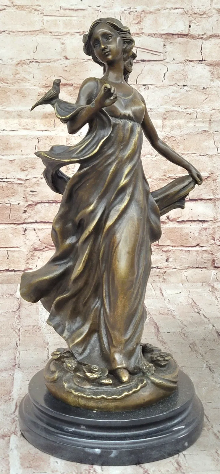 Collectible Bronze Statue of Woman Holding Bird, Art Nouveau Style, Signed Moreau