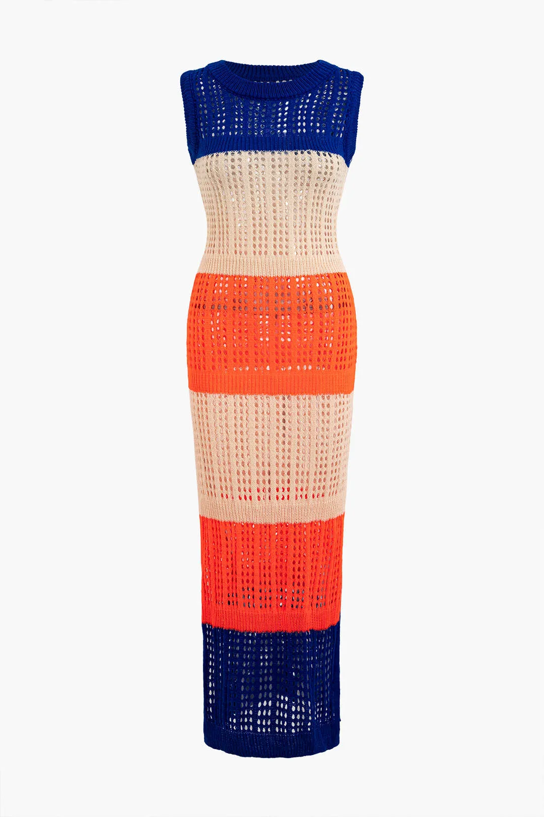 Color Block Print Knit Sheer Slit Midi Dress