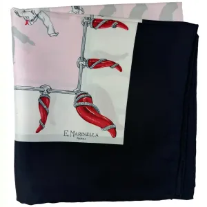 E. Marinella Scarf Black Pink Red Lucky Horn & Pulcinella Mask - Twill Silk Foulard