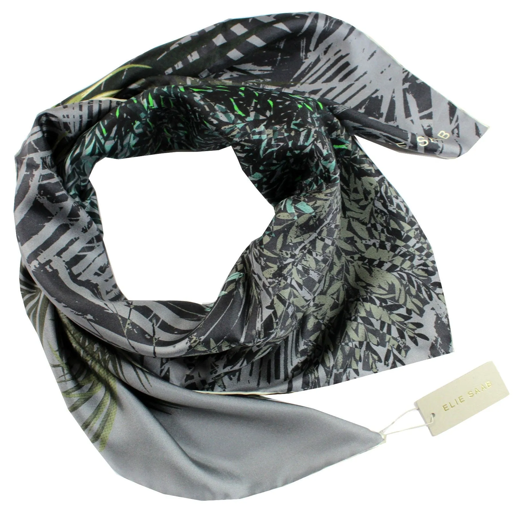 Elie Saab Silk Scarf Gray Green Forest - Large 36 Inch Square Foulard SALE