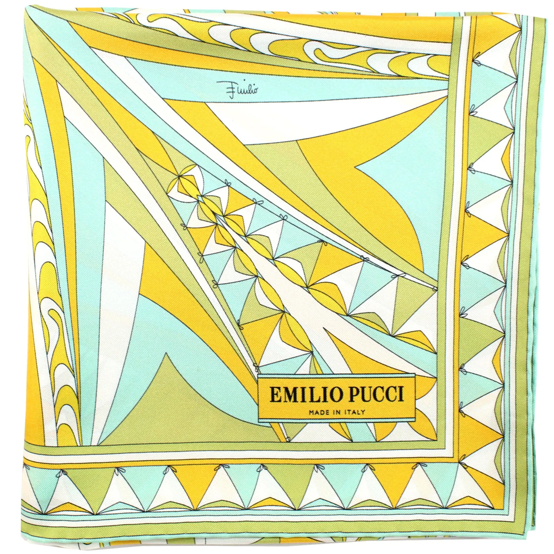 Emilio Pucci Scarf White Orange Olive Aqua Ornamental - Twill Silk Square Foulard