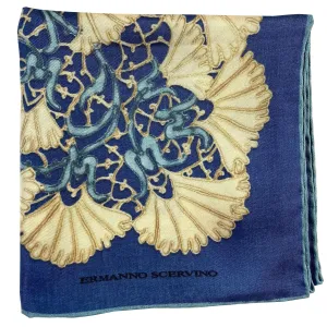 Ermanno Scervino Silk Scarf Dark Blue Cream Floral - 27 Inch Square Scarf SALE