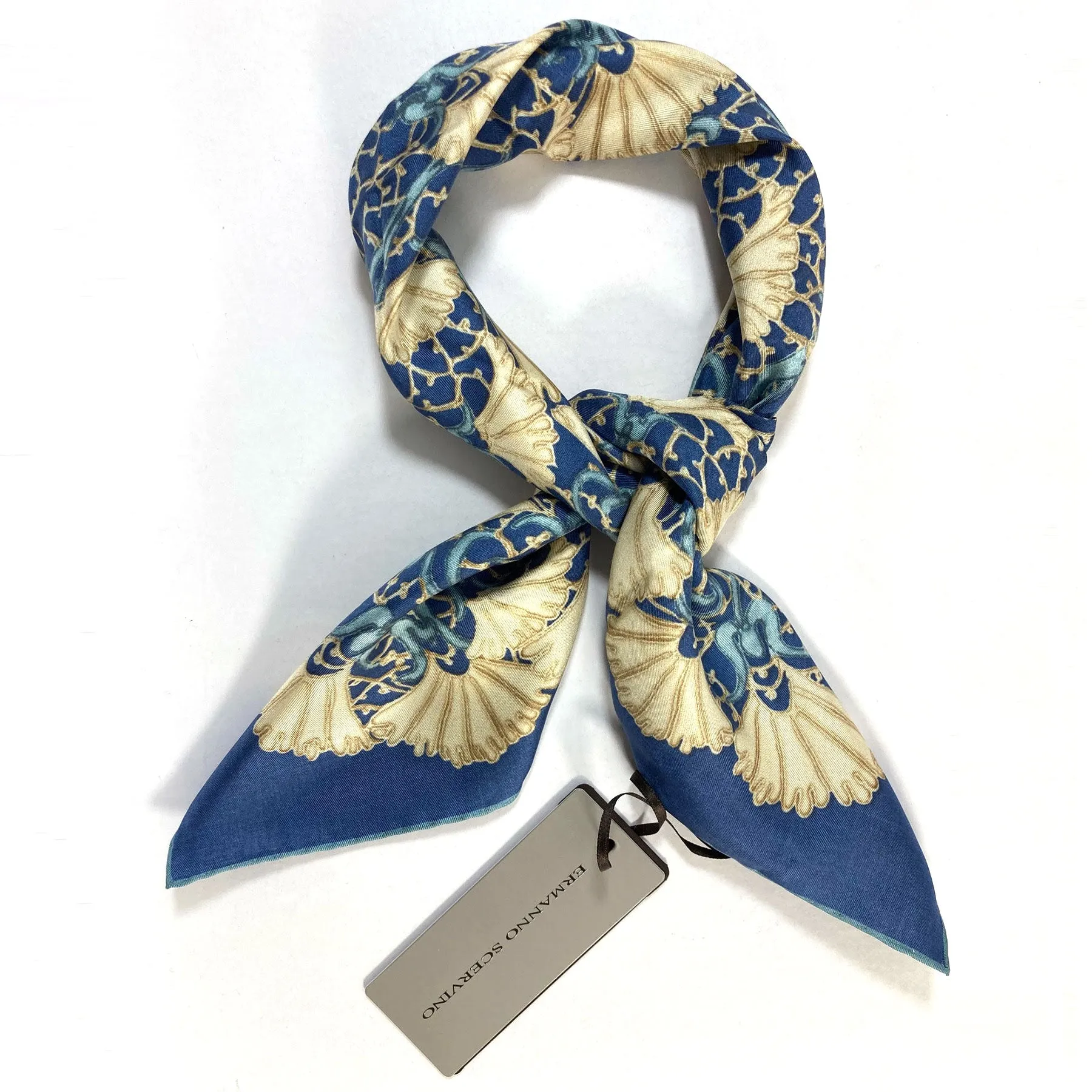 Ermanno Scervino Silk Scarf Dark Blue Cream Floral - 27 Inch Square Scarf SALE