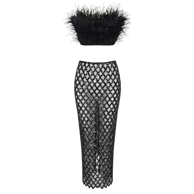 Fancy Faux Feather Trim Diamante Mesh High Rise Skirt Matching Set - Black