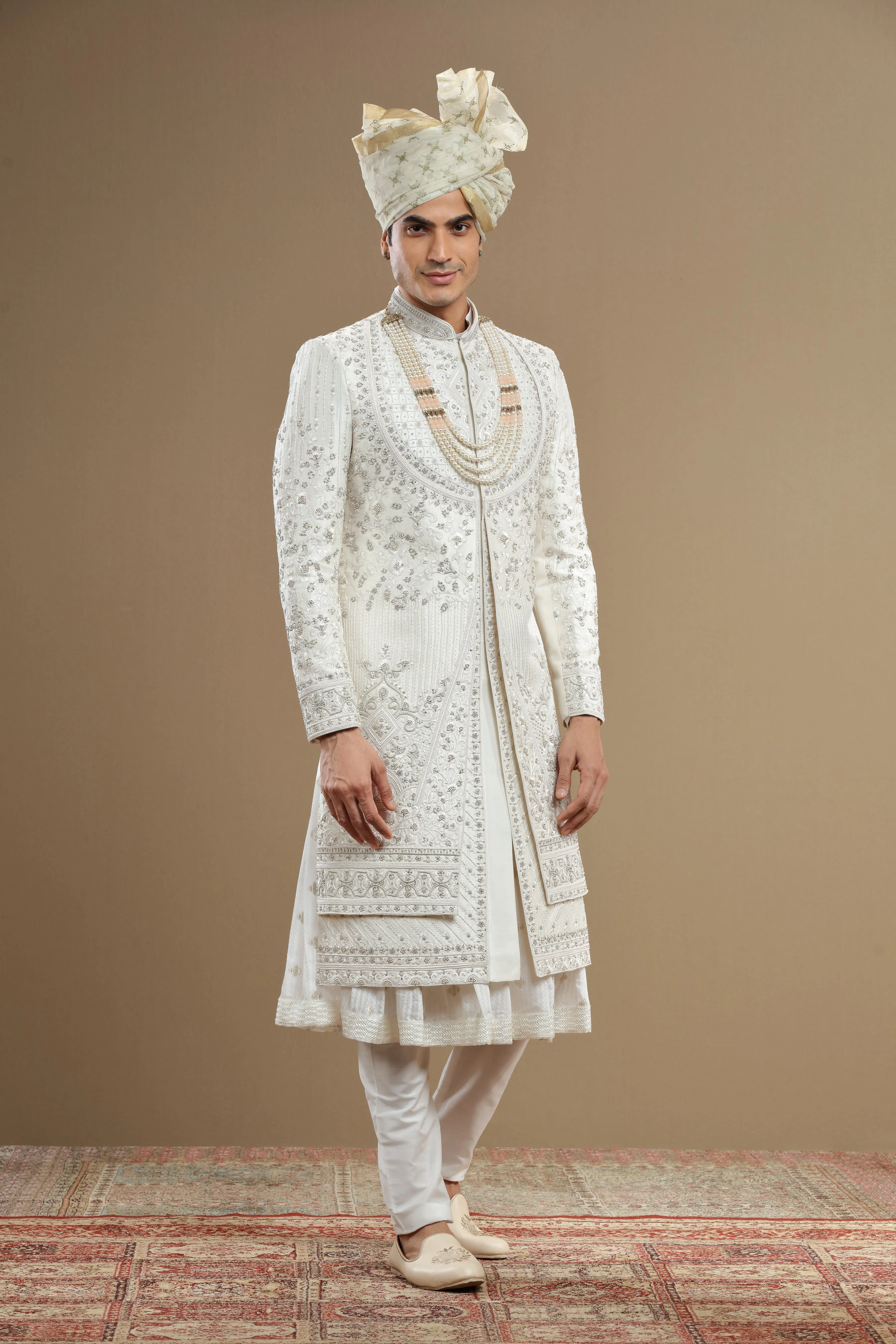 Ivory Silk Hand Embroidered Sherwani Set With Anarkali