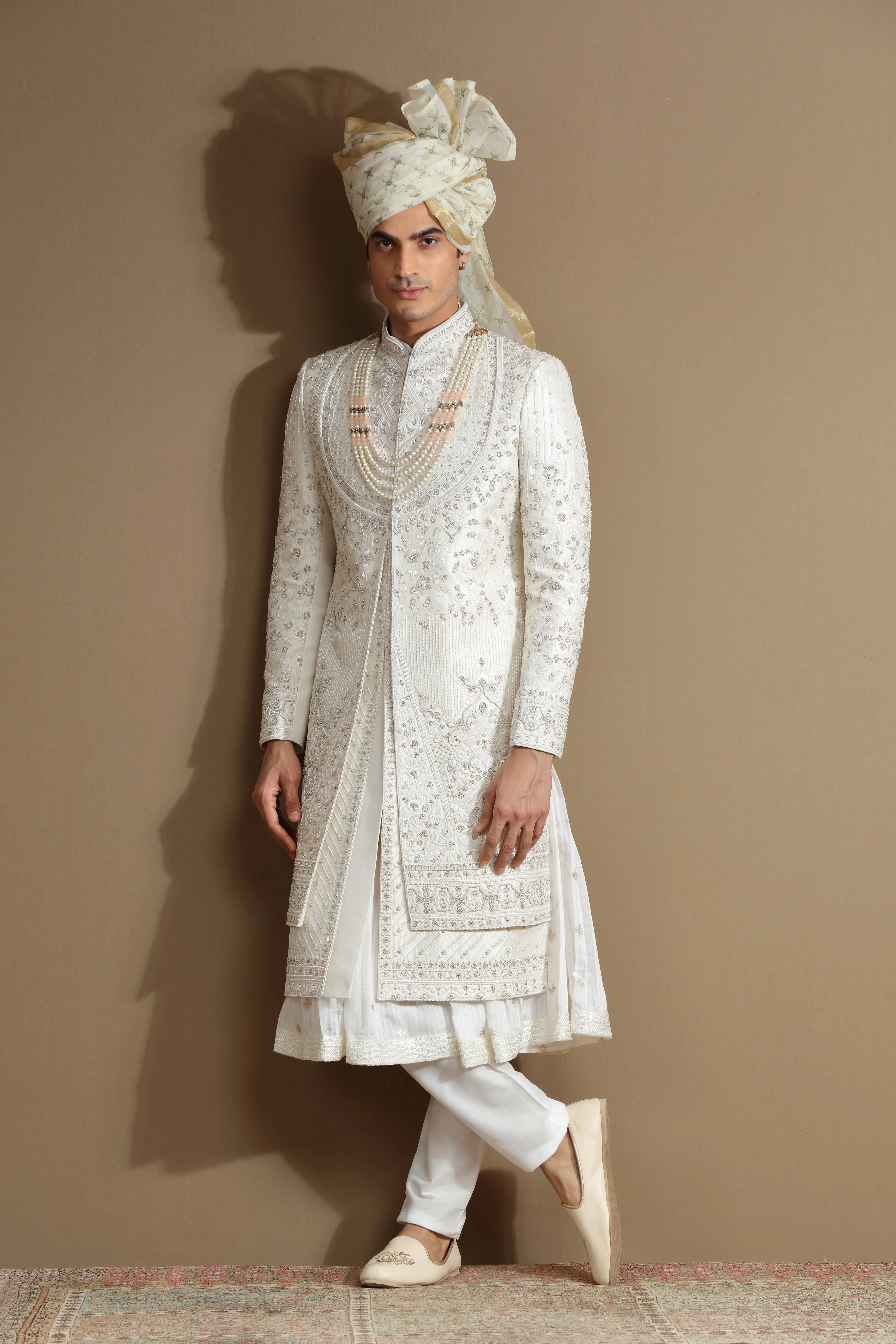 Ivory Silk Hand Embroidered Sherwani Set With Anarkali