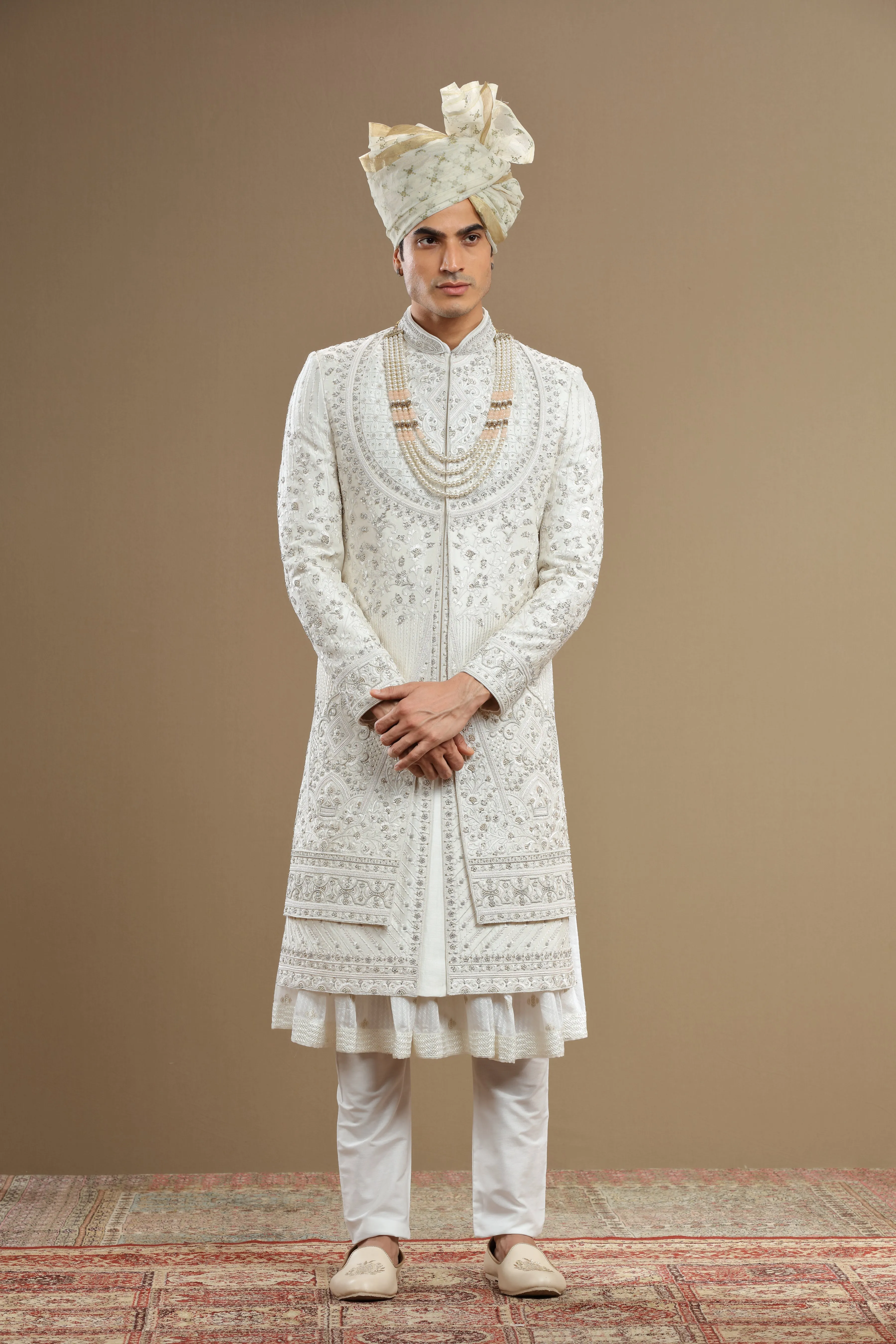 Ivory Silk Hand Embroidered Sherwani Set With Anarkali