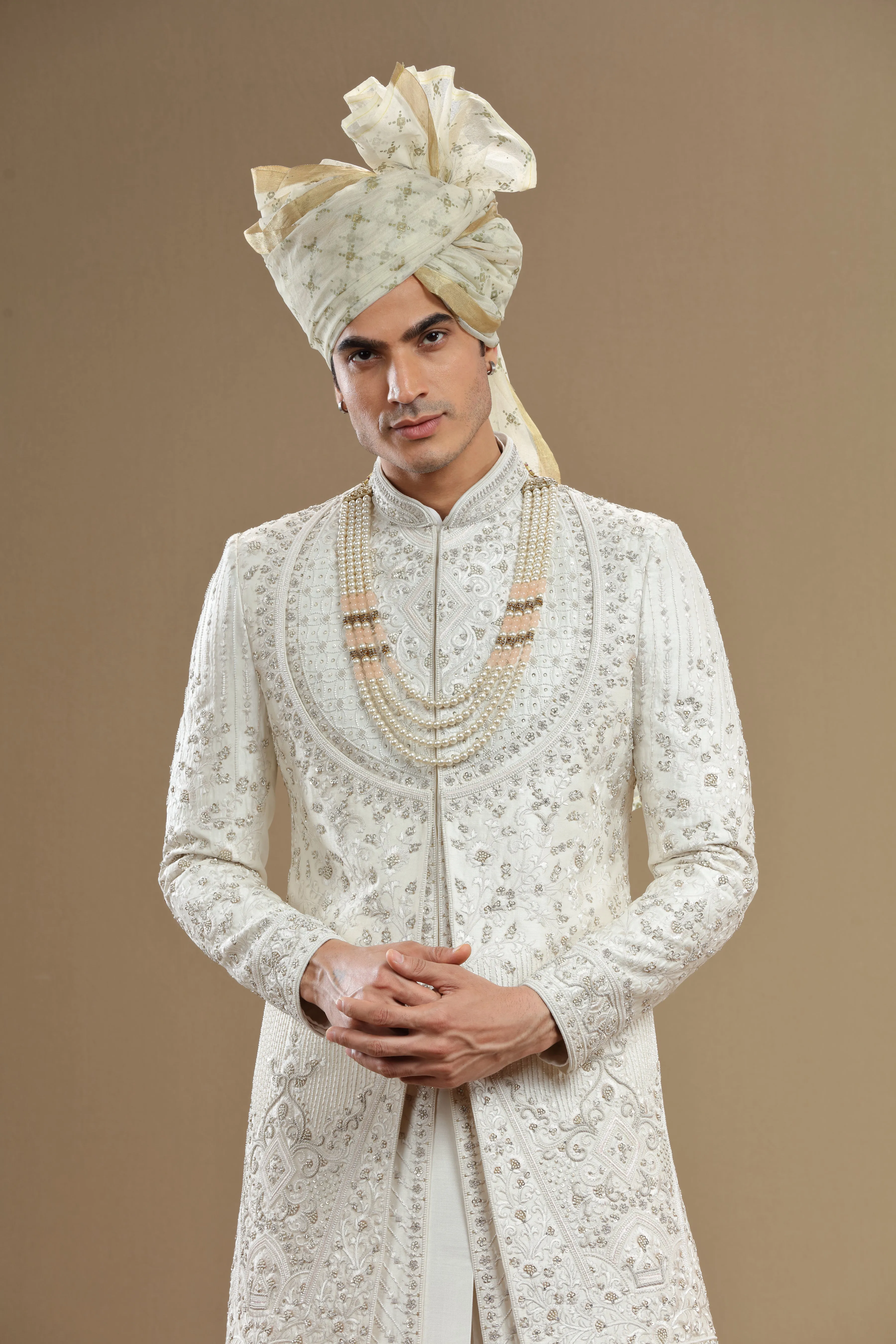 Ivory Silk Hand Embroidered Sherwani Set With Anarkali