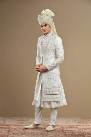 Ivory Silk Hand Embroidered Sherwani Set With Anarkali