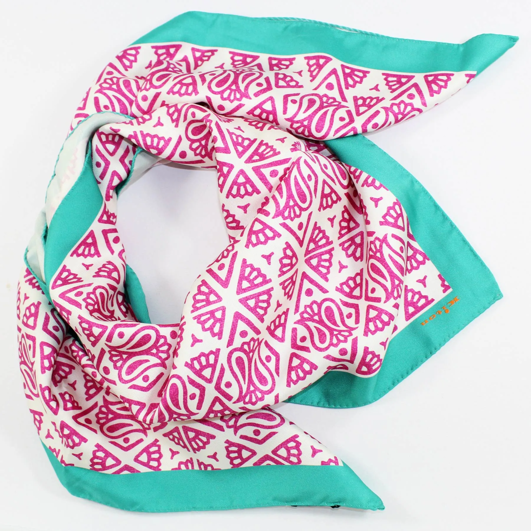 Kiton Scarf White Aqua Pink Paisley Design - Twill Silk Square Women Foulard