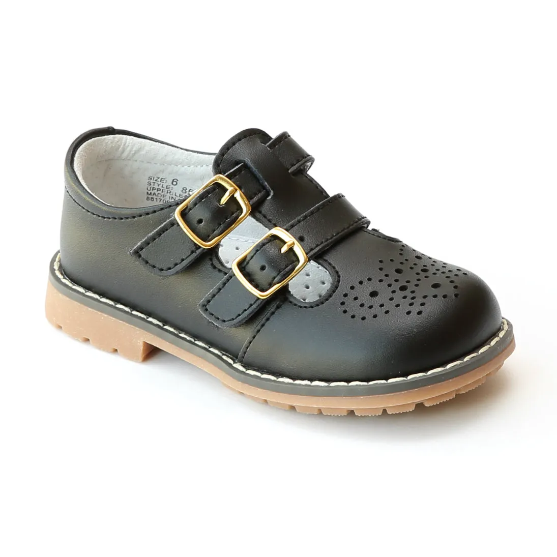 L'Amour Girls Double T-Strap Buckled Leather Medallion Mary Janes