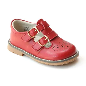 L'Amour Girls Double T-Strap Buckled Leather Medallion Mary Janes