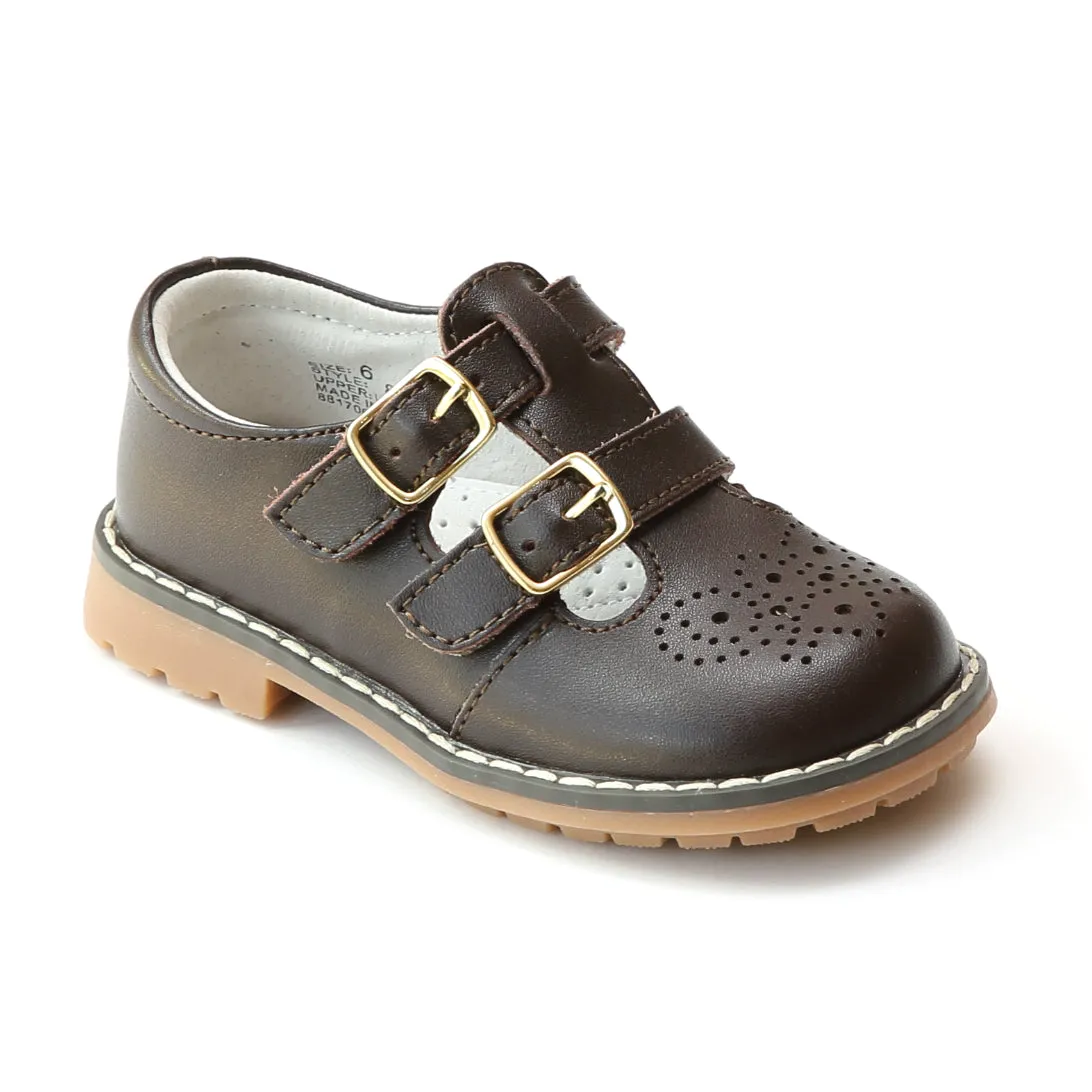 L'Amour Girls Double T-Strap Buckled Leather Medallion Mary Janes