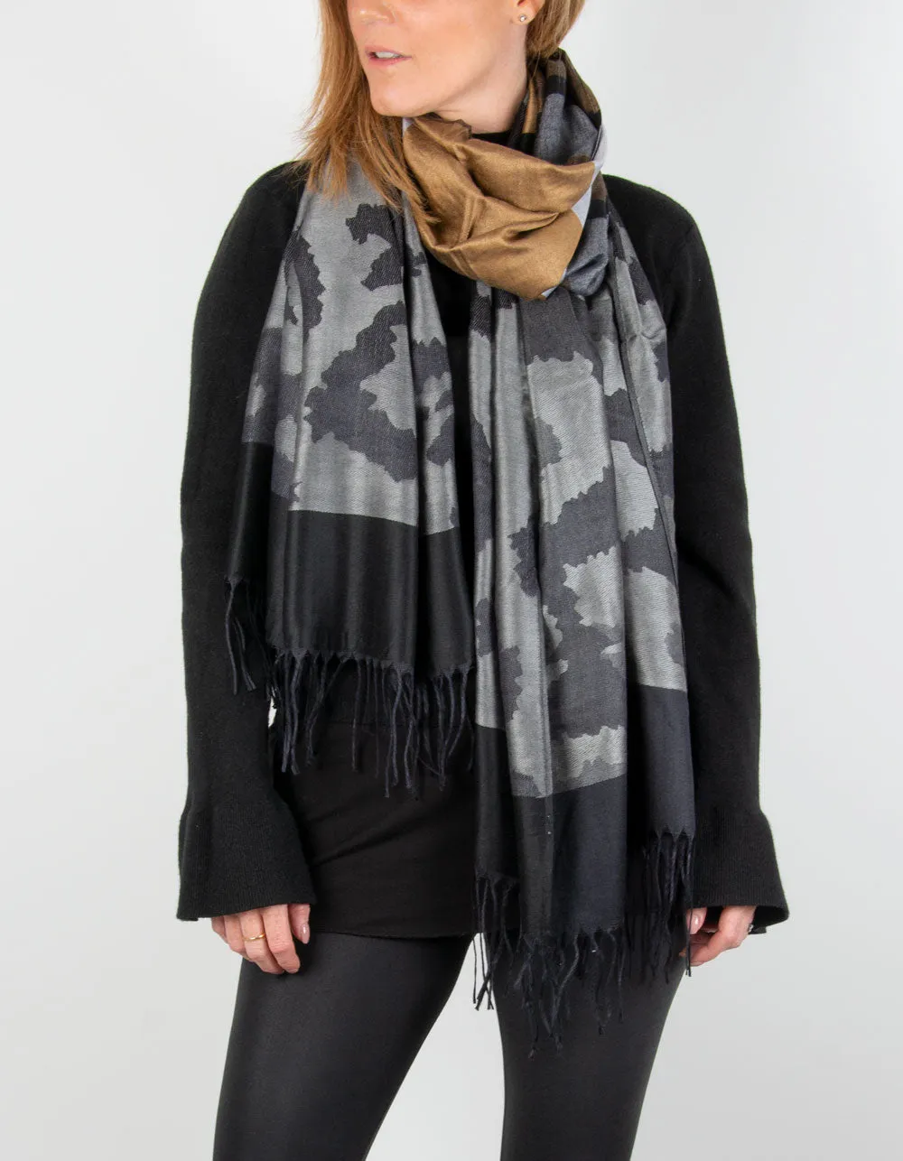 Large Animal Print Pashmina Black, Grey & Bronze