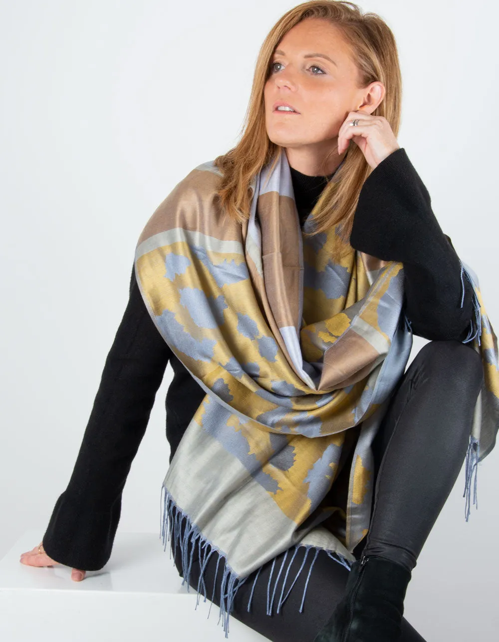 Large Animal Print Pashmina Silver, Gold & Bronze