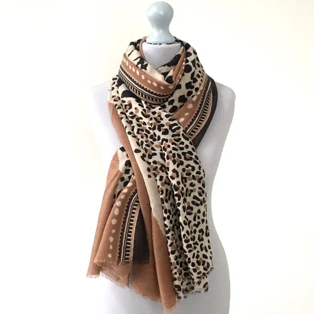 LARGE CAMEL COTTON MIX TIGER AND LEOPARD PRINT SHAWL SCARF