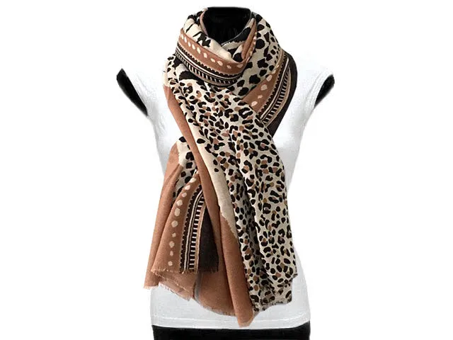 LARGE CAMEL COTTON MIX TIGER AND LEOPARD PRINT SHAWL SCARF