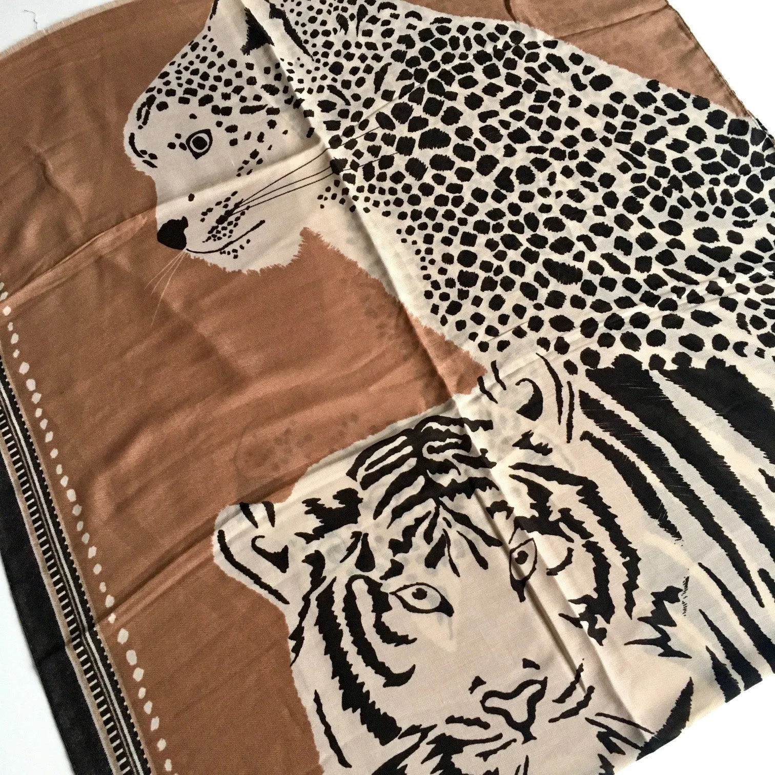 LARGE CAMEL COTTON MIX TIGER AND LEOPARD PRINT SHAWL SCARF