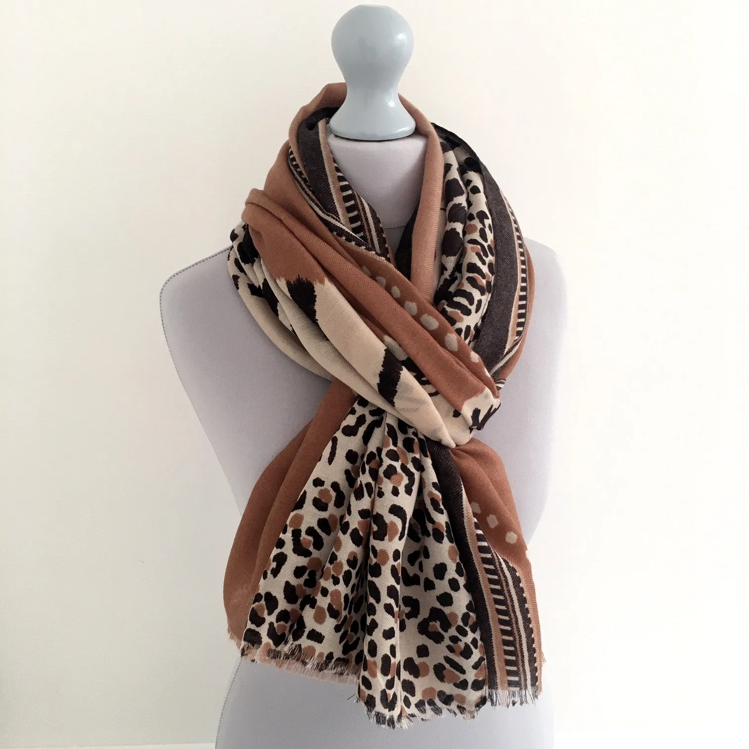 LARGE CAMEL COTTON MIX TIGER AND LEOPARD PRINT SHAWL SCARF