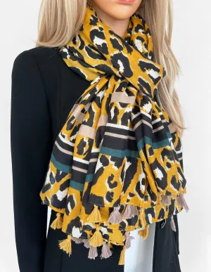 LARGE MUSTARD YELLOW TRIBAL LEOPARD PRINT SCARF WITH TASSELS