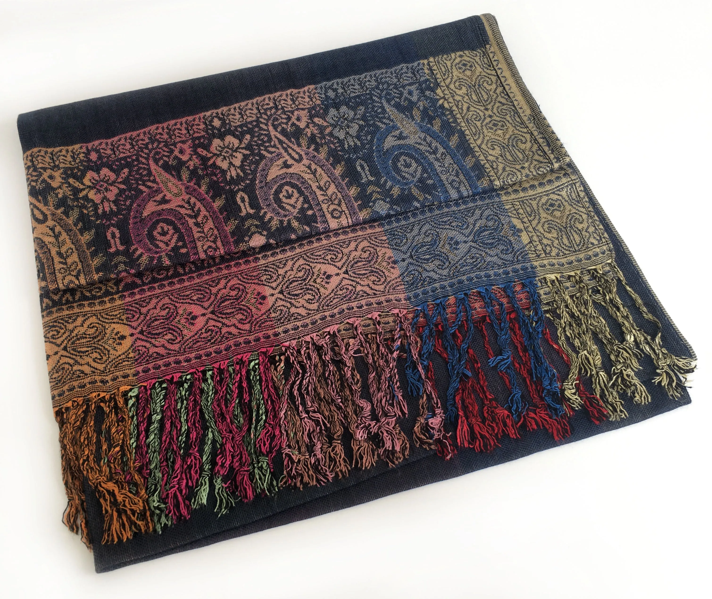 LARGE NAVY BLUE RAINBOW MULTI COLOUR PAISLEY PRINT PASHMINA SHAWL SCARF