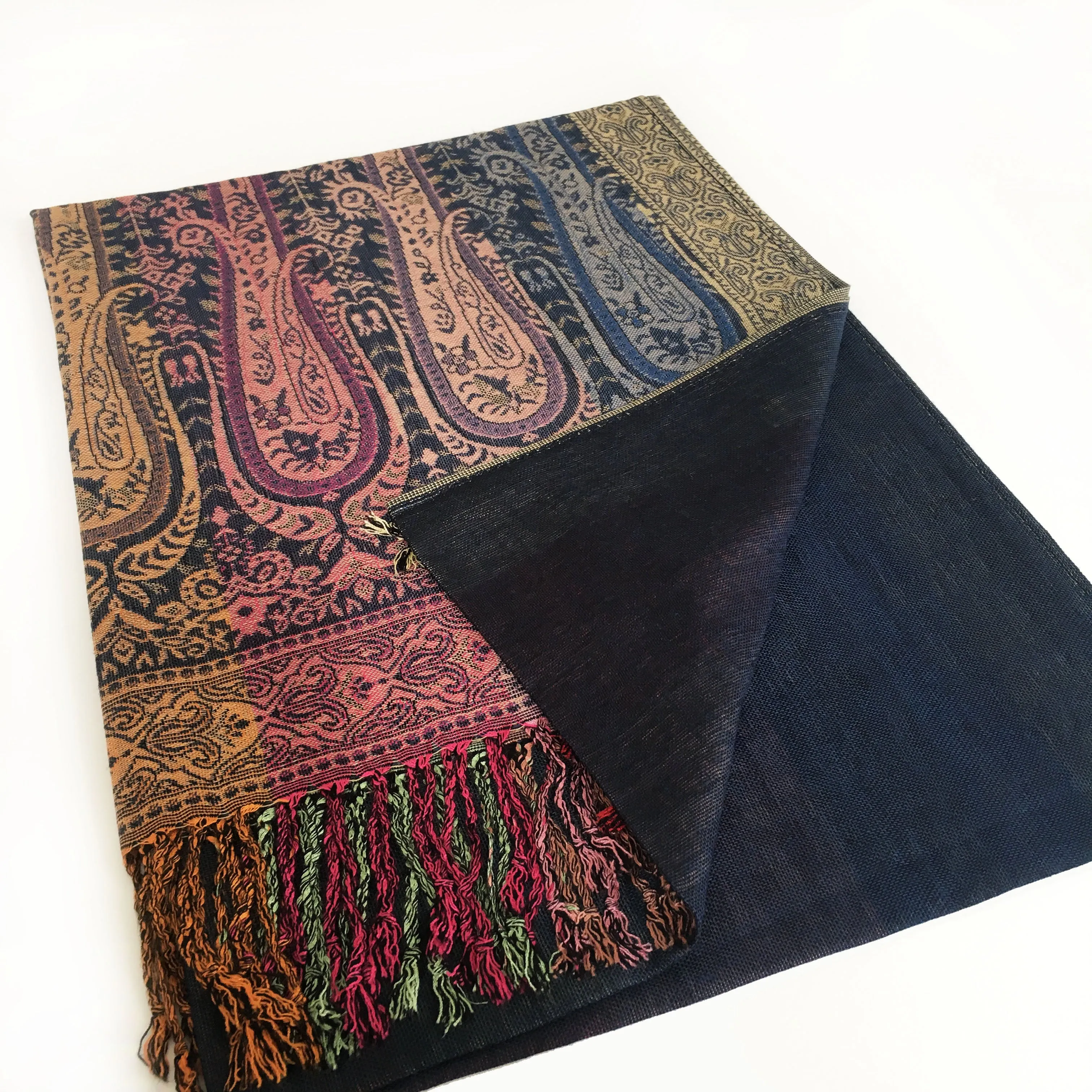 LARGE NAVY BLUE RAINBOW MULTI COLOUR PAISLEY PRINT PASHMINA SHAWL SCARF