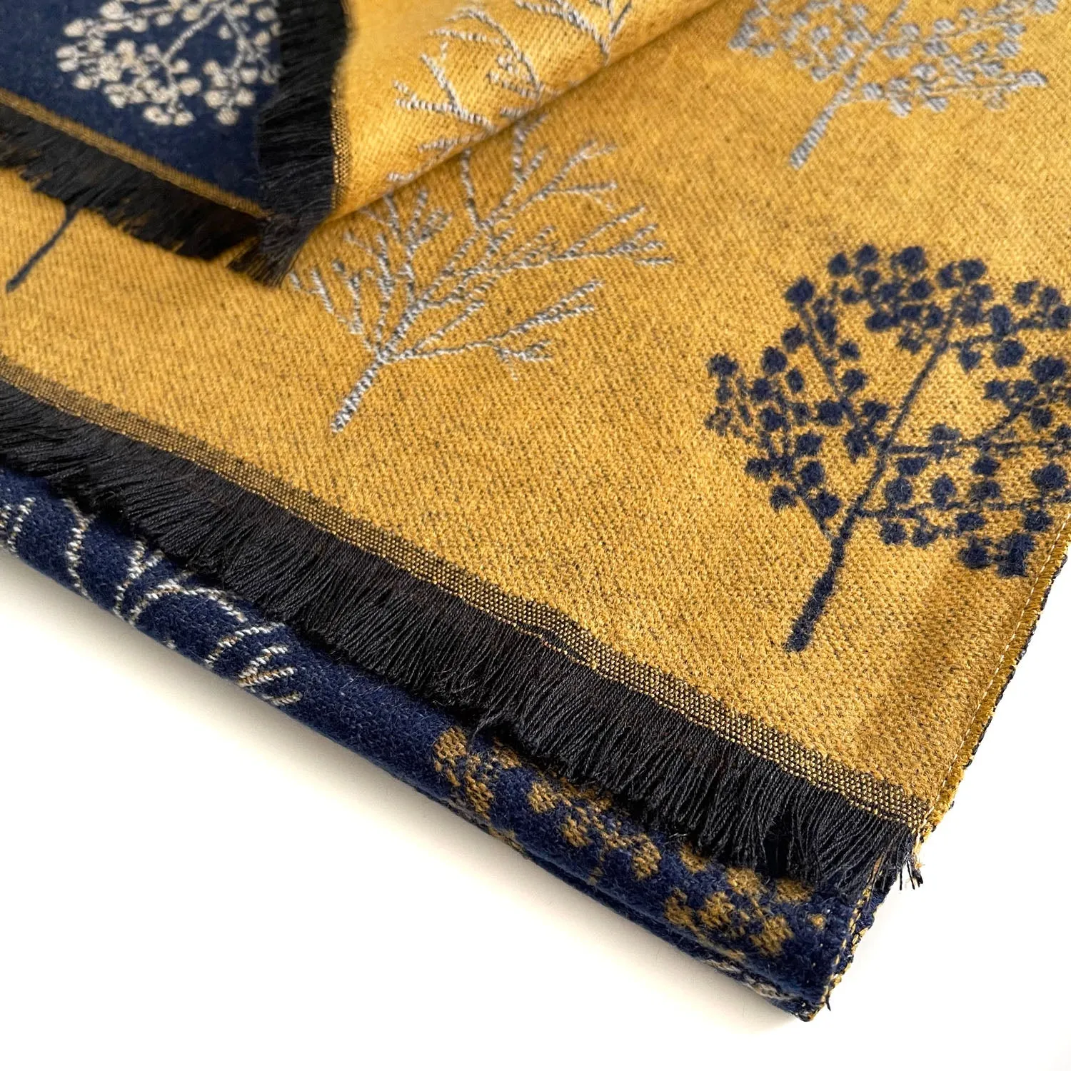 LARGE NAVY YELLOW SKANDI TREE REVERSIBLE WINTER SHAWL WRAP BLANKET SCARF