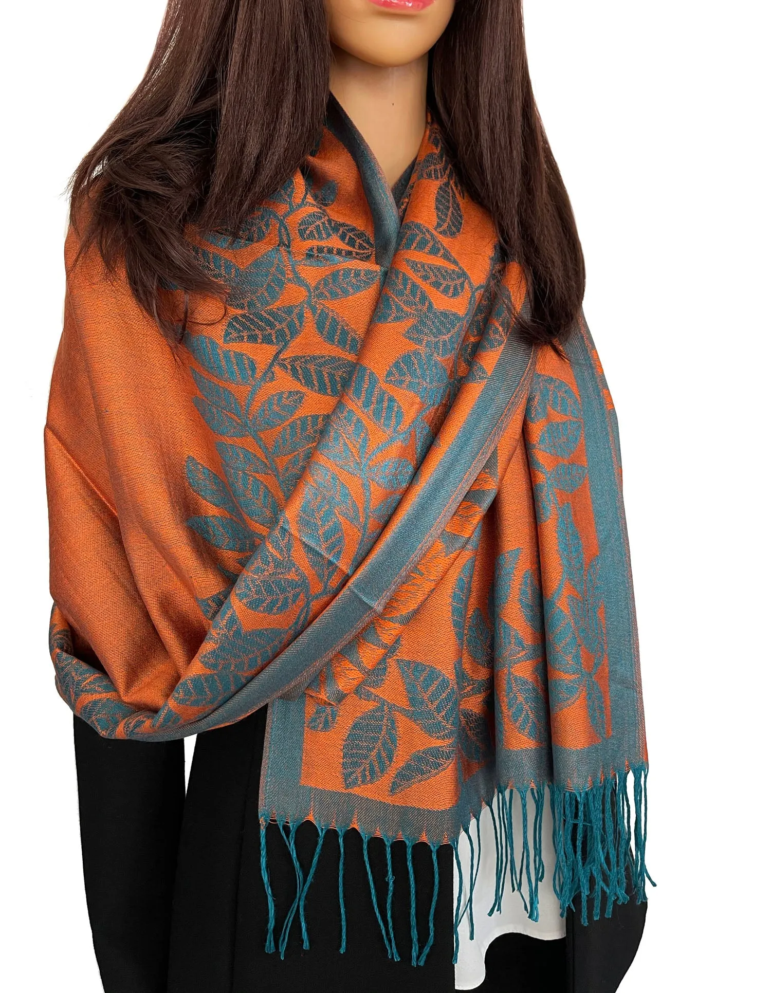 LARGE ORANGE TEAL LEAF PRINT REVERSIBLE PASHMINA SHAWL SCARF