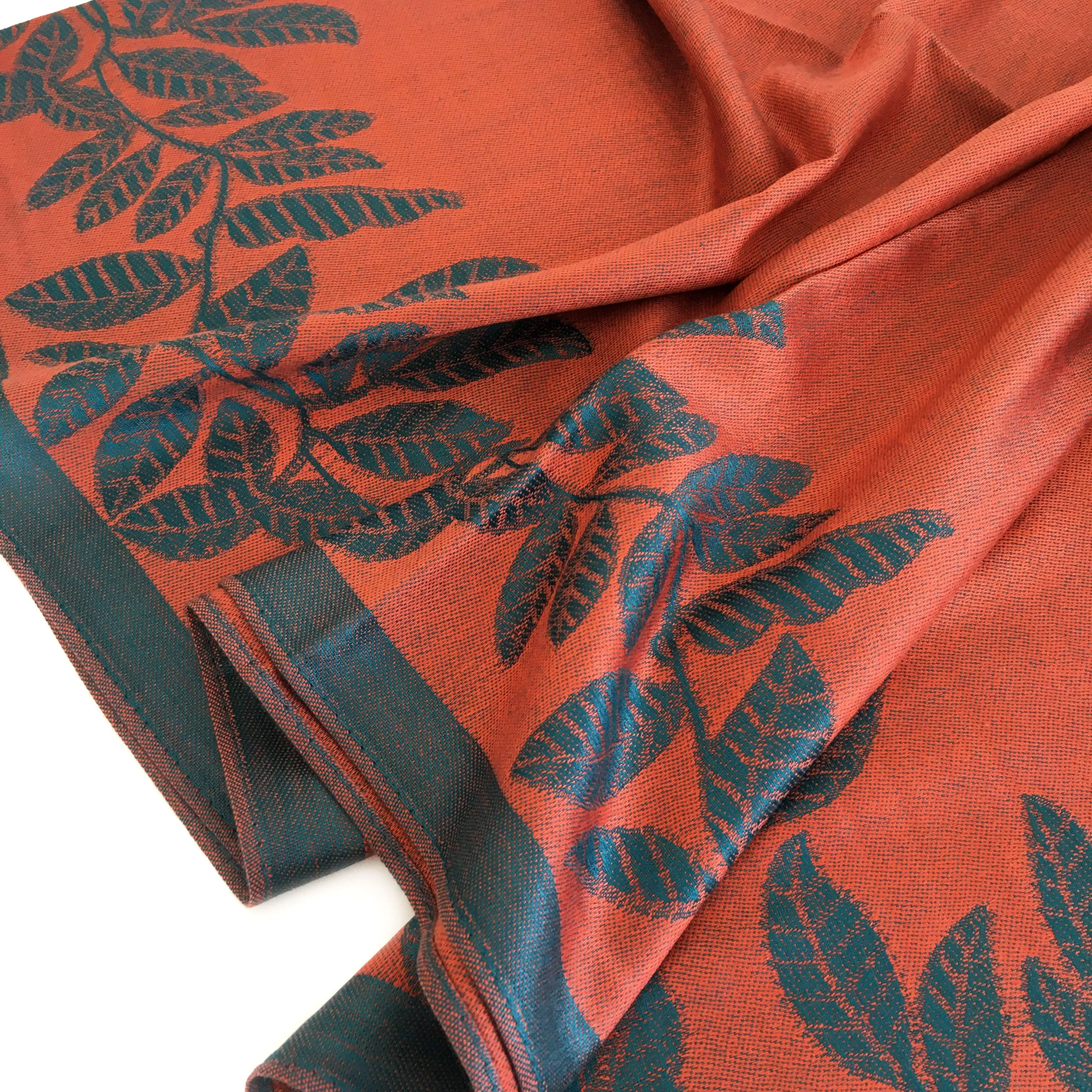 LARGE ORANGE TEAL LEAF PRINT REVERSIBLE PASHMINA SHAWL SCARF