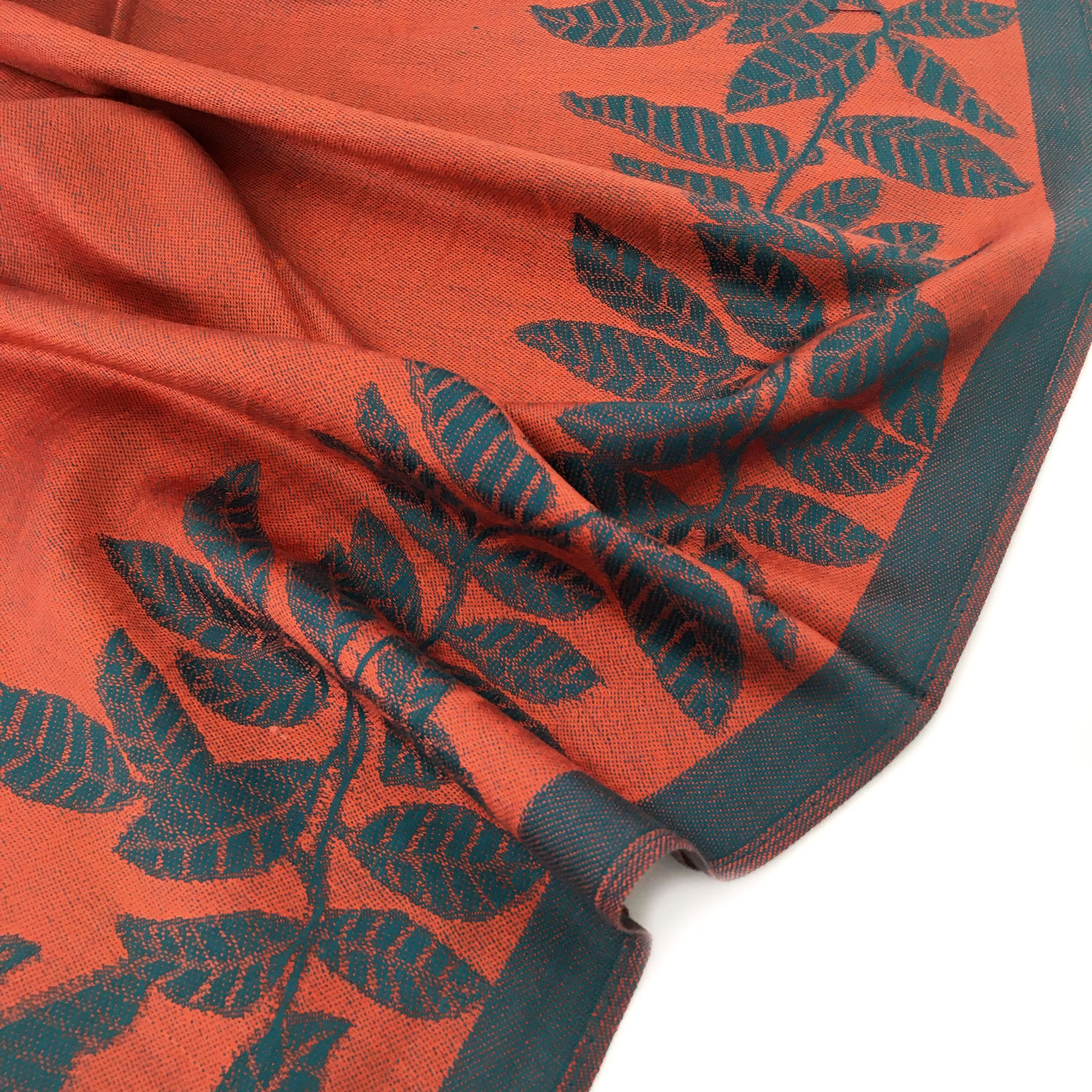 LARGE ORANGE TEAL LEAF PRINT REVERSIBLE PASHMINA SHAWL SCARF