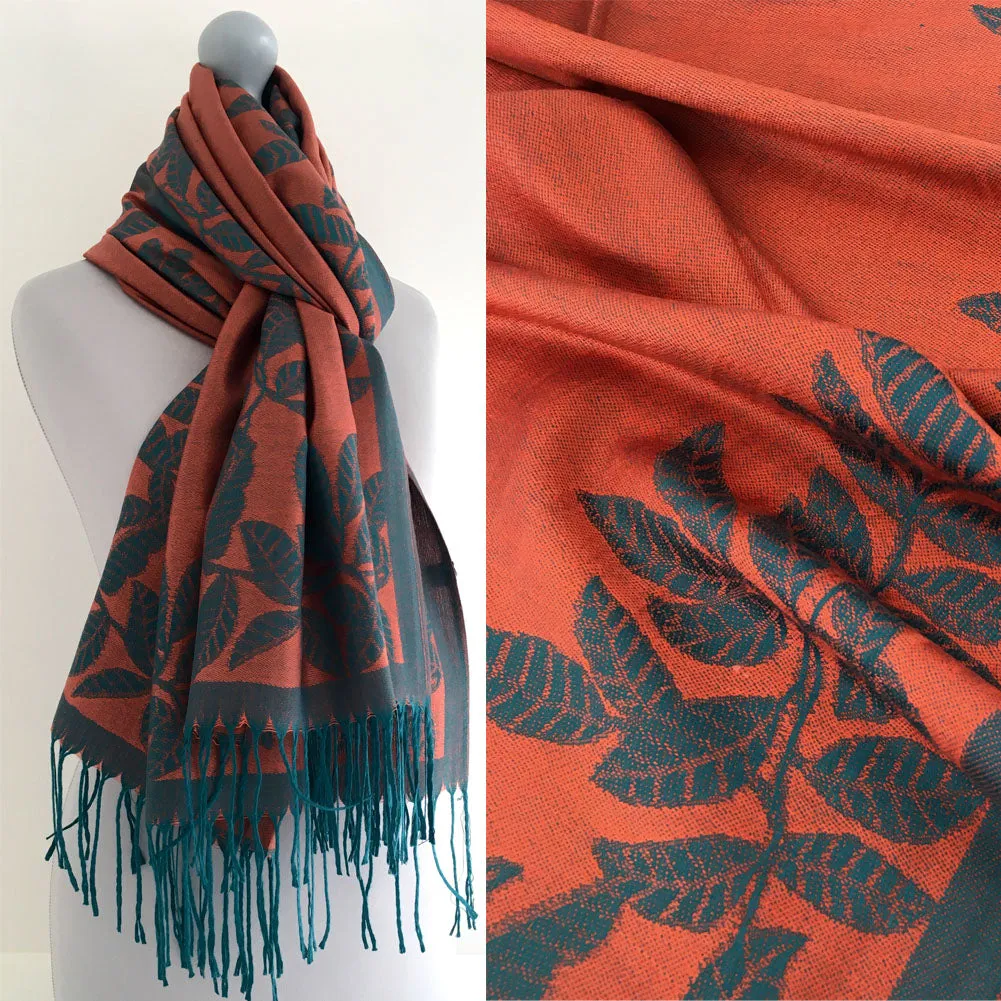 LARGE ORANGE TEAL LEAF PRINT REVERSIBLE PASHMINA SHAWL SCARF