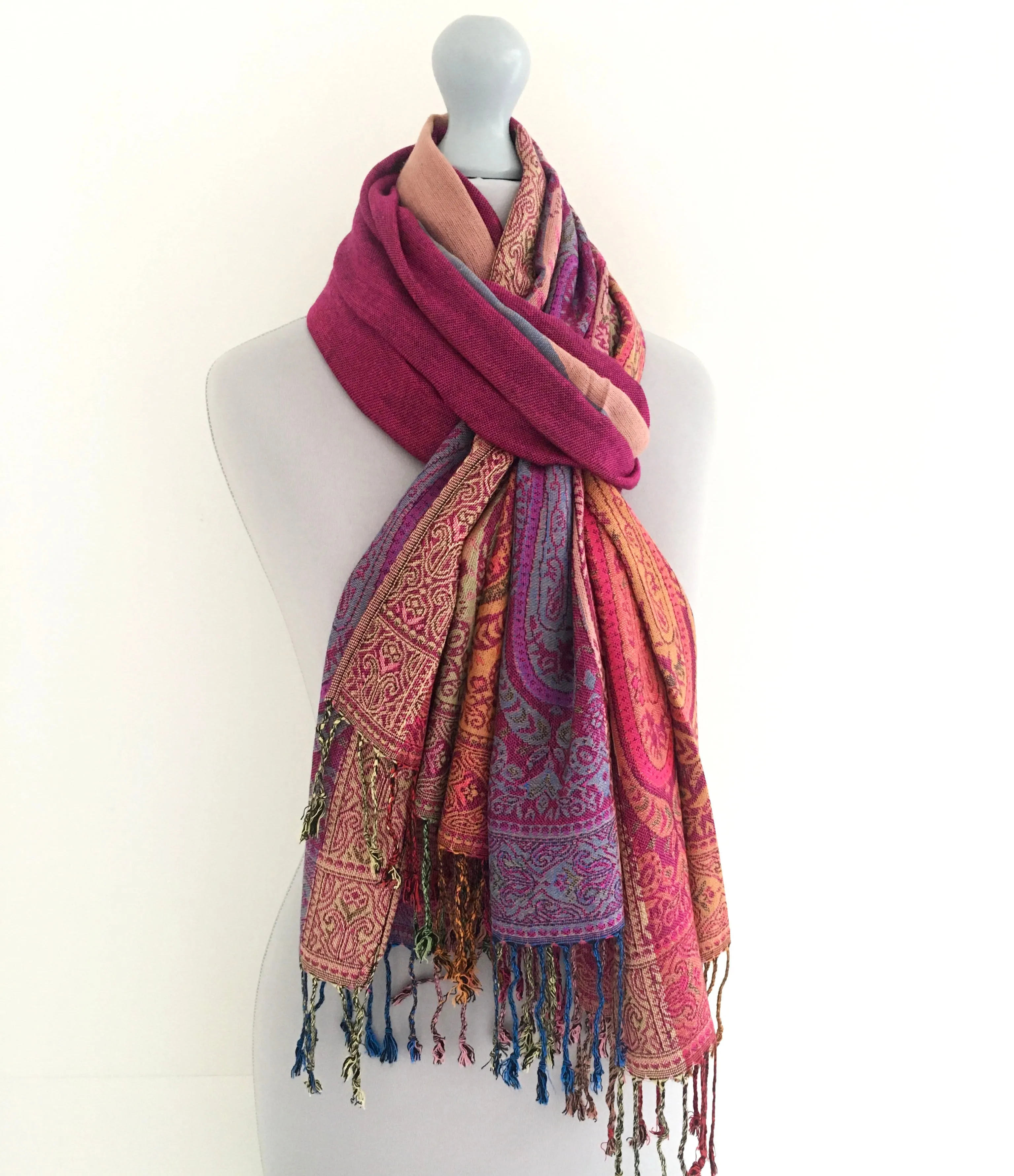 LARGE PINK RAINBOW MULTI COLOUR PAISLEY PRINT PASHMINA SHAWL SCARF