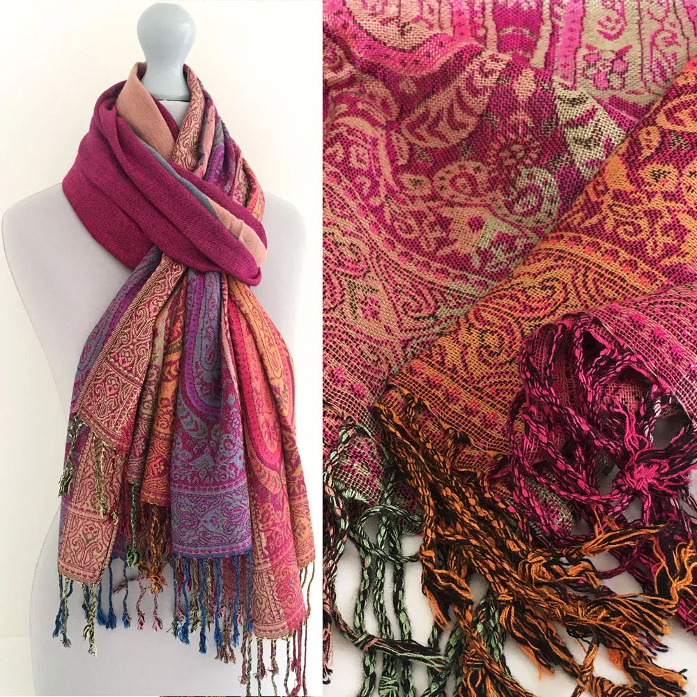 LARGE PINK RAINBOW MULTI COLOUR PAISLEY PRINT PASHMINA SHAWL SCARF